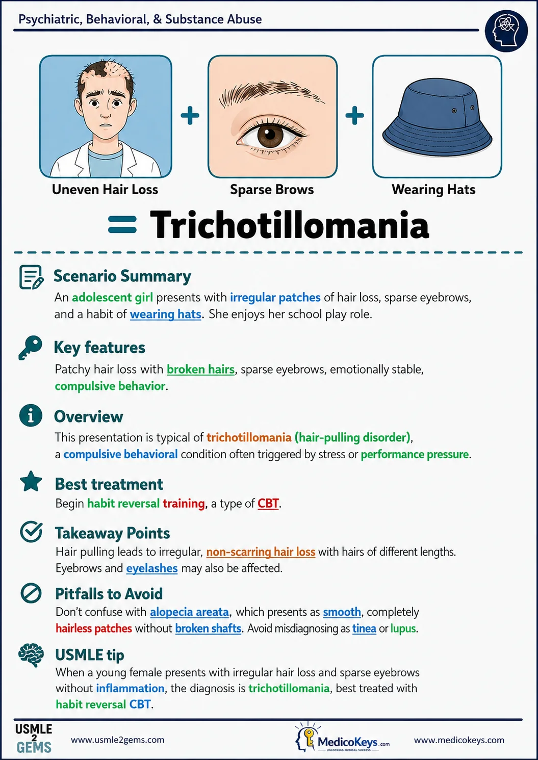 Real USMLE2Gems free sample 10: Trichotillomania — Psychiatric, Behavioral & Substance Abuse